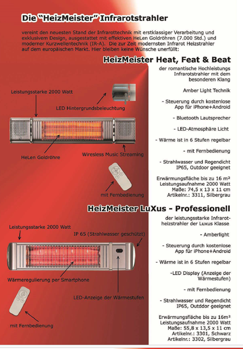 HeizMeister Luxus Infrarotstrahler – Heat, Feat & Beat Varianten